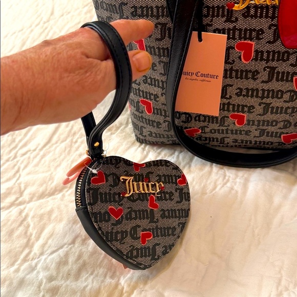 Juicy Couture Black and Red Heart Print Tote and matching wristlet set. - Picture 6 of 10